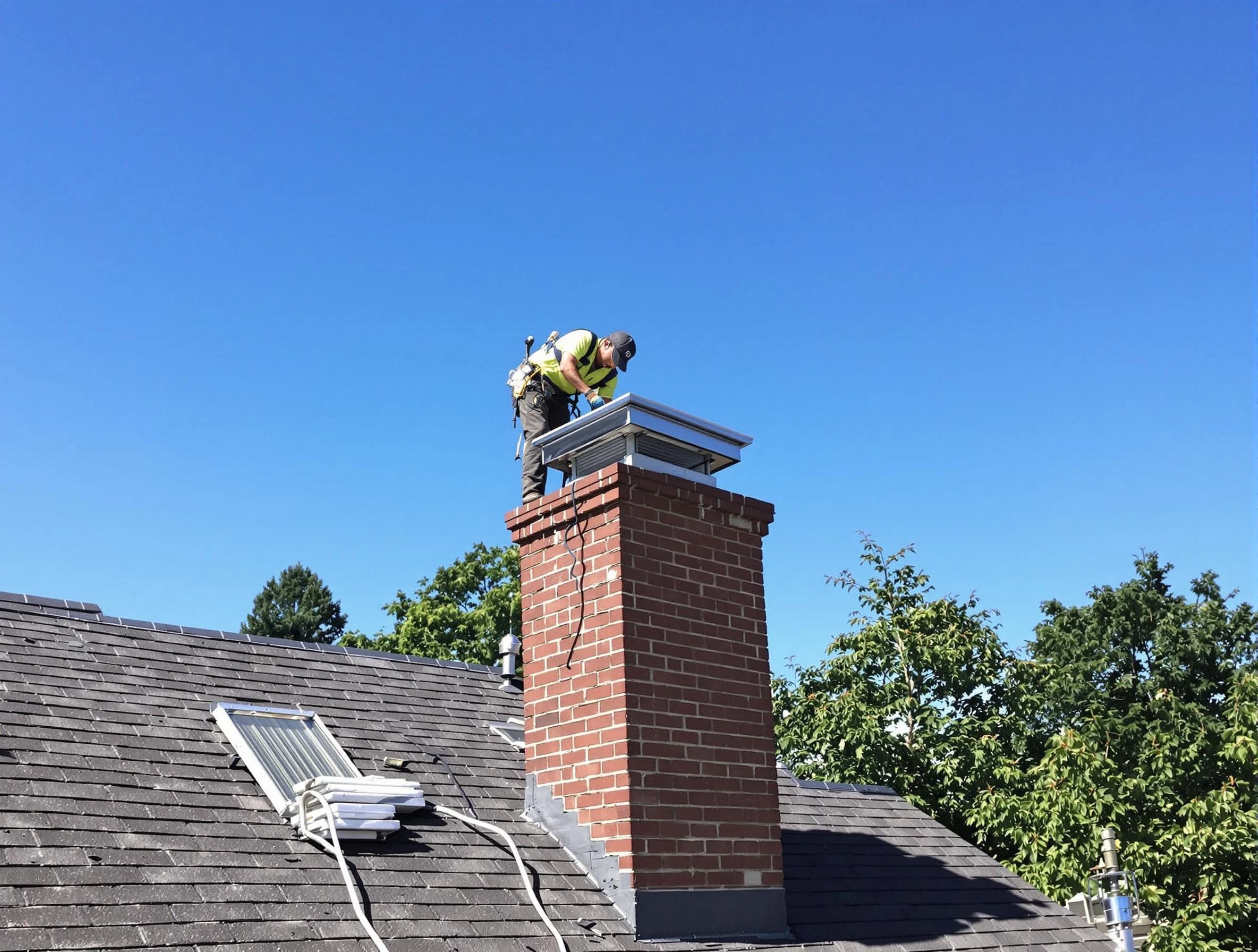 Irvington Chimney Sweep technician measuring a chimney cap in Irvington, NJ